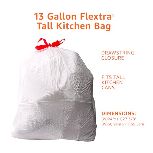 Basics 13 Gallon Tall Kitchen Drawstring Trash Bags, Flextra Strength, Tear Resistant, 10% Post Consumer Recycled, 90 Count, White