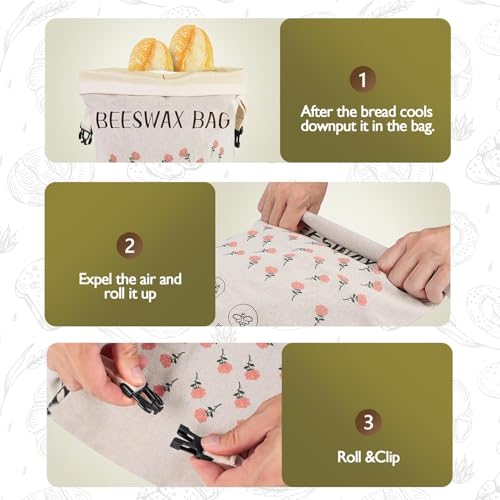 2 Pack Beeswax Bread Bag,17"×13"Reusable Organic Bread Bags for Homemade Bread Sourdough,Linen Outer Lining and Pure Cotton Beewax Inner Lining Moisture-proof &Fresh-Preserving With Buckle&Bowl Covers