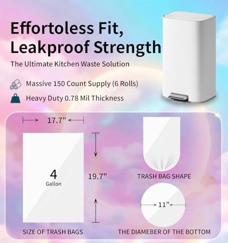 150 Count 4 Gallon Small Trash Bags - Colored Bathroom Garbage Bags Unscented Leak-proof, 15 Liter Plastic Wastebasket Can Liners for Office Bedroom Toilet and Car