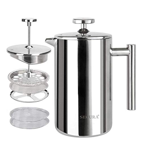 Secura French Press Coffee Maker, 304 Grade Stainless Steel Insulated Coffee Press with 2 Extra Screens, 12oz (0.35 Litre), Silver