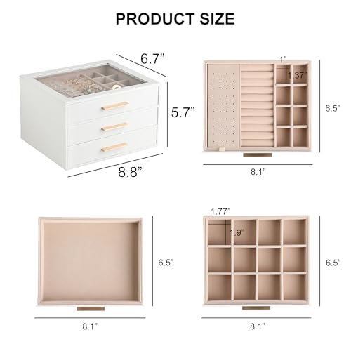 Frebeauty Clear Lid Jewelry Box,3-Layer Jewelry Organizer with Drawer,PU Leather Jewelry Organizers and Storage,Jewelry Boxes for Women,Jewelry Storage for Rings Earring Stud,Gift for Women(White)