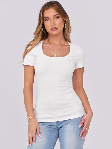 ANRABESS Women Short Sleeve Tops Scoop Neck Ribbed Knit Slim Fitted Basic Tee Shirt Casual Summer Clothes 2026 Spring Outfits