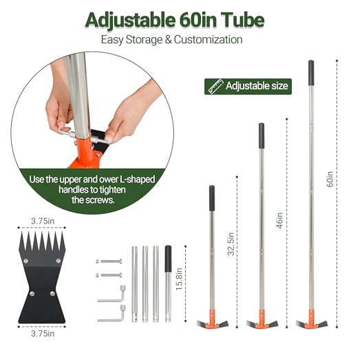 2-in-1 Garden Hoe and Weed Puller Rake, 60 Inch Adjustable Long Handle Weeding Tool Heavy Duty Spring Steel Head with Sand Texture Finish, Weed Remover for Garden, Yard, Lawn, Driveway