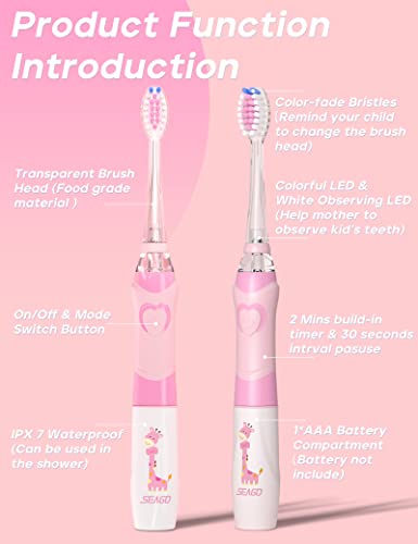 SEAGO Kids Electric Toothbrush with 2 Mins Brushing Timer and 4 Replacement Brush Heads, Rainbow LED Light Makes Brushing Fun, Boys Battery Powered Toothbrush for 4-12 Years Old，SG-977（Pink）
