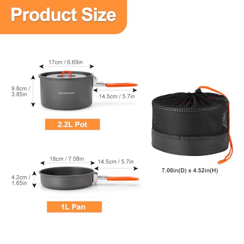 Odoland Camping Cookware Mess Kit, Non-Stick Lightweight Camping Pot and Fry Pan Set with Mesh Bag for Backpacking, Outdoor Cooking and Picnic