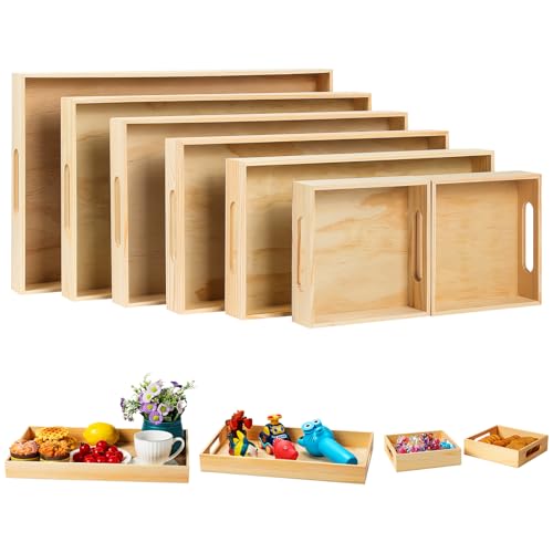 PONGJA Wooden Serving Trays with Handle - 7 Pieces Unfinished Wood Nested Breakfast Food Serving Trays for Craft Kids Montessori Snacks Home Decor Kitchen Party Dinner