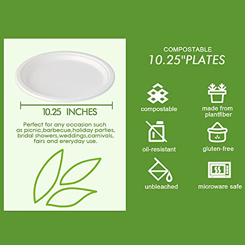 Vplus 150 Pack Compostable Disposable Paper Plates 10.25 inch Super Strong Paper Plates 100% Bagasse Natural Biodegradable Eco-Friendly Sugarcane(white)