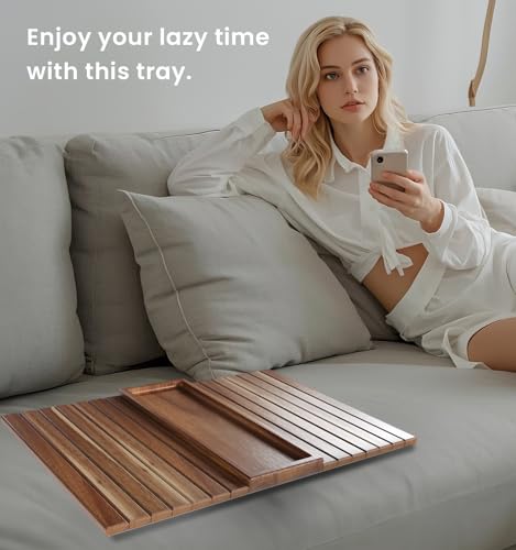 Sofa Arm Tray,Acacia Wood Folding Couch Arm Tray,Sofa Armrest Trays with Anti-Slip Pad for Drinks,Snacks,Phone,Remote Control