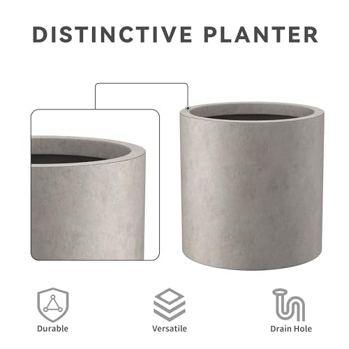 Kante 9.8" Dia Round Concrete Planter, Modern Style Large Cylindrical Plant Pot with Drainage Hole and Rubber Plug for Indoor Outdoor Patio, Weathered Concrete