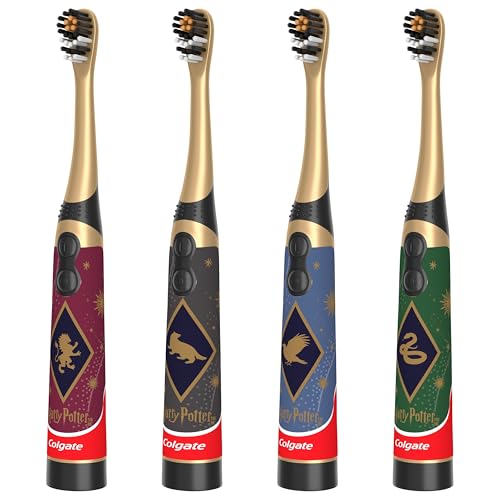 Colgate Harry Potter Kids Battery Toothbrush Multipack, Extra Soft Kids Vibrating Toothbrush, AA Batteries Included, 4 Pack, for Witches and Wizards Ages 3 and Older, Lay Flat Design