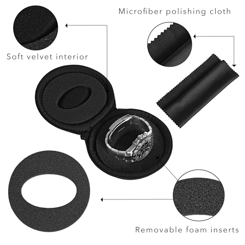 WATCHPOD Travel Watch Case | Single Watch Box w/Zipper for Storage | Cushioned Round Portable Watch Case for Travel | Fits all Wristwatches and Smart Watches up to 50mm (Black)