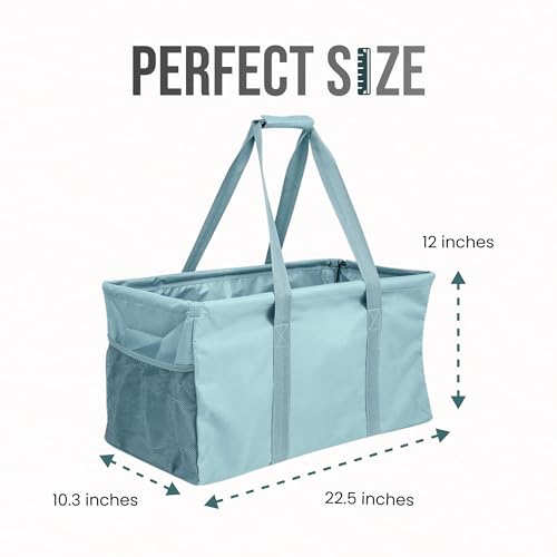 Extra Large Utility Tote Bag - Oversized Collapsible Reusable Wire Frame Rectangular Canvas Basket With Two Exterior Pockets For Beach, Pool, Laundry, Car Trunk, Storage - Light Blue