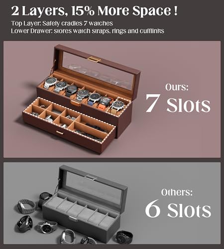 Watch Case Box for Men - 7 SLots Watches Storage Organizer Real-Glass Display Case with Jewelry Drawer 2-Layer PU Leather Collection Holder Gift for Loved Ones Brown