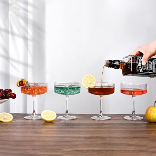 Set of 12 Plastic Martini Glasses, 10 oz Ribbed Coupe Glasses for Cocktails and Martinis, Disposable Espresso Martini Glasses. Ideal for Parties, Weddings, and Home Bars, Crystal Vintage Cups (Clear)