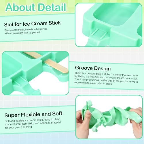 6 Set Small Silicone Popsicle Molds Ice Cream Mould 4 Cavity Ice Lolly Mold Oval Cake Pop Mould with 300 Pieces Wooden Sticks for DIY Cream Popsicle Cake, Pink Blue Green