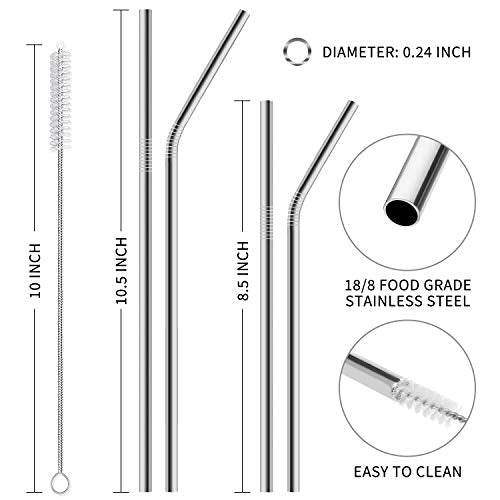 Hiware 12-Pack Reusable Stainless Steel Metal Straws with Case - Long Drinking Straws for 30 oz and 20 oz Tumblers Dishwasher Safe - 2 Cleaning Brushes Included