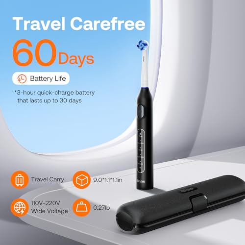 Bitvae R1 Rotating Electric Toothbrush with 8 Brush Heads for Adults and Kids, 60-Day Battery Life, 5 Modes Rechargeable Power Toothbrush with 2-Minute Smart Timer, Black