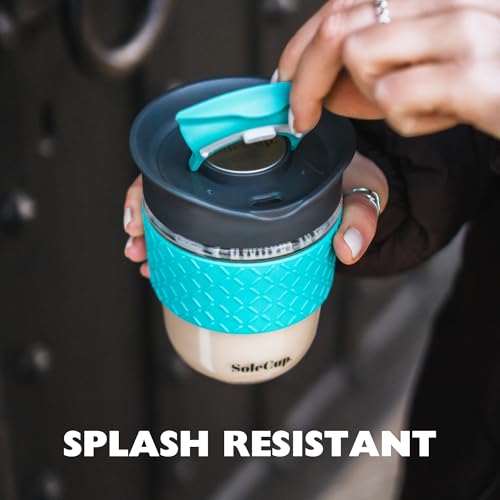 Reusable Strengthened Glass Travel Cup - Spill Proof Coffee Mug - 12oz/340ml BPA-Free Hot Drink Travel Mug with Lid & Silicone Band (Ice Cream, 12oz)