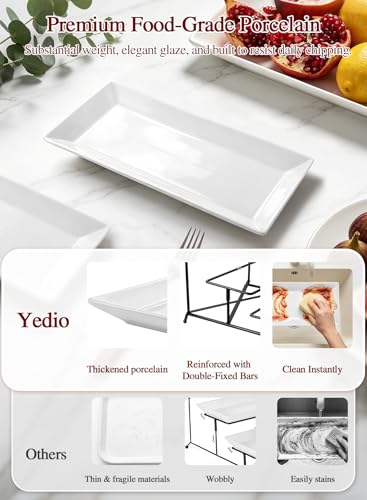 3 Tier Serving Trays for Party, Porcelain Serving Platters and Trays, 12 Inch Tiered Tray Stand, Fruit Tray, Trays for Serving Food, White Dessert Stand with Collapsible Sturdier Metal Rack