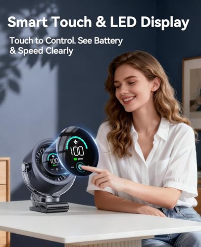 KIMMOO 4000mAh Rechargeable Portable Clip on Fan-100-Speed Touch Control, LED Display, 360° Rotate Quiet Turbo Desk Fan, Small Battery Operated USB Fan for Stroller Bed Travel Camping Golf Gym (Black)