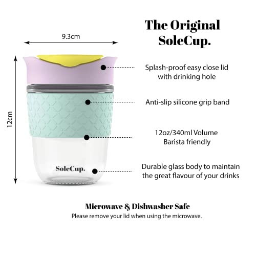 Reusable Strengthened Glass Travel Cup - Spill Proof Coffee Mug - 12oz/340ml BPA-Free Hot Drink Travel Mug with Lid & Silicone Band (Ice Cream, 12oz)