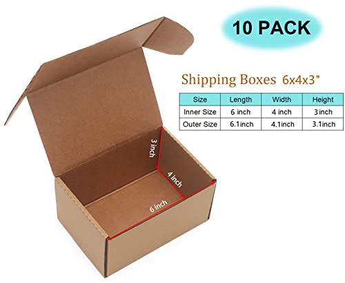 10 Pack Small Shipping Boxes 6x4x3'' Corrugated Small Cardboard Boxes for Shipping, Recyclable Packaging Boxes for Business, Mailer, Gift Packing, Crafts Packing, Jewelry Box, Brown