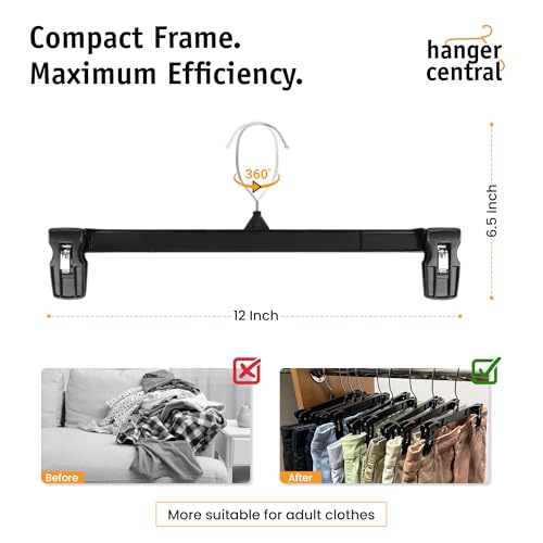 Hanger Central 30 Pack Pants Hangers – 12 Inch Slim Plastic Clothes Hangers with Clips for Skirts, Shorts & Trousers – Non Slip Grip, Heavy Duty Space Saver with Swivel Hook – Black Closet Organizer