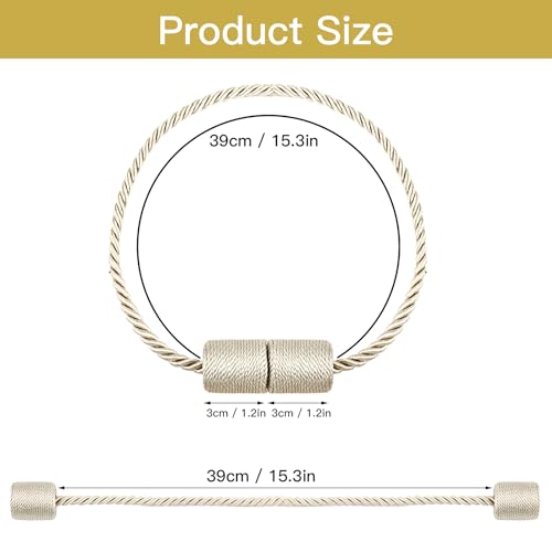 4 Pack Strong Magnetic Curtain Tiebacks with Thicker Twist Rope Decorative Tie Backs Holdbacks for Drapes Window Curtain, Beige