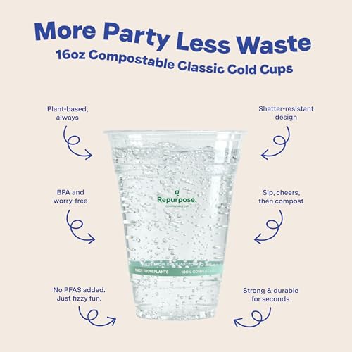 Repurpose 100% Compostable Plant-Based Clear Cold Cups, 16oz, 50 Count, BPA Free, No PFAS Added, FDA Non-Toxic, Certified BioBased