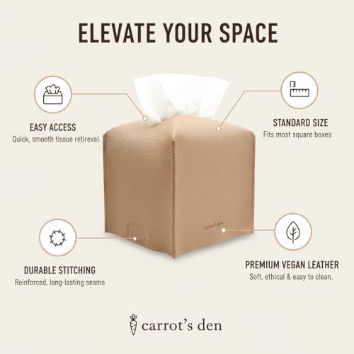 Tissue Box Cover Holder, Square with Bottom Belt by Carrot's Den - PU Leather Decorative Organizer for Tabletop, Bathroom, Car, Office | Beige