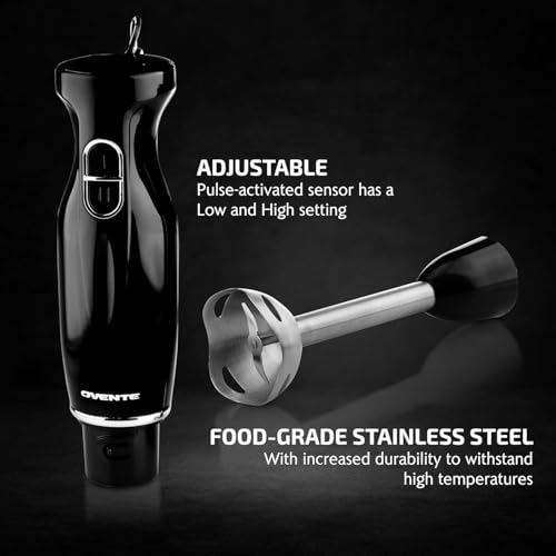 OVENTE Immersion Hand Blender, 300W Corded Electric Handheld Stick Mixer with 2 Mixing Speeds and Stainless Steel Blades for Smoothies, Purees & Baby Food, Black HS560B