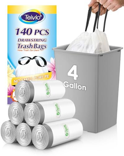 4 Gallon 140 Counts Strong Drawstring Trash Bags Garbage Bags by Teivio, Bathroom Trash Can Bin Liners, Small Plastic Bags for home office kitchen, White