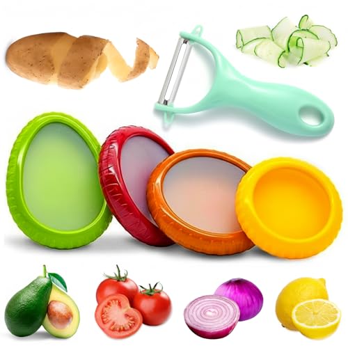 5PCS Avocado Saver & Produce Saver Set – 4 Reusable Silicone Fruit Storage Pods + Fruit Peeler, Tomato Holder, Onion Keeper, Lemon Saver for Fridge, Office Snacks & Camping