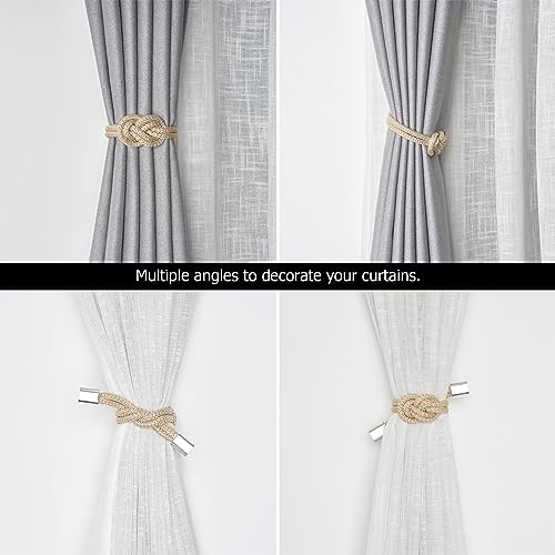 NICEEC 4 Pack Mini Magnetic Curtain Tiebacks Nordic Simple Style Drape Tie Backs Elegant Hand Weave Rope Knot Decorative Curtain Holdbacks for Home & Office Thin Window Drapery (Beige)