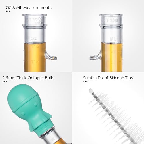 U-Taste 1.5oz Angled Turkey Baster - 228.2℉ Heat Resistant Food Grade Tritan and Silicone Large Octopus Bulb Baster Set with Cleaning Brush for Cooking Basting Meat Poultry Beef Chicken (Aqua Sky)
