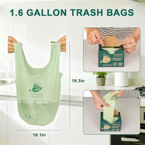 HECTOLIFE 1.6 Gallon 100 Count,Compostable Bags Handle Tie,Tear Resistant Kitchen Food Scrap Waste Bag, ASTM D6400, US BPI and Europe OK Compost Home Certified