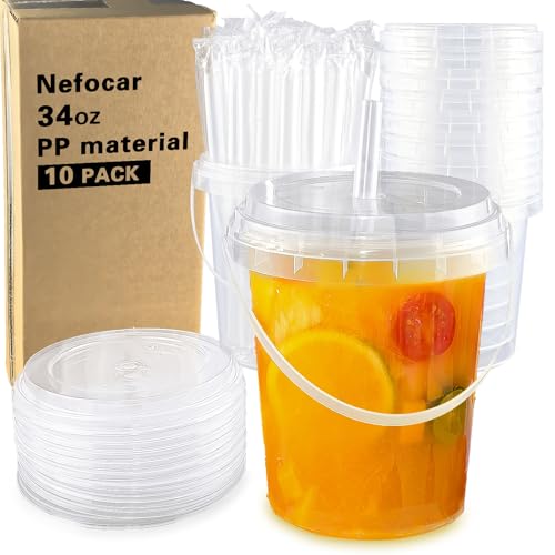 10 Pack 34oz Plastic Cups with Lids and Straws, Disposable Iced Coffee Cups with Lids,Sturdy & Food Safe Drink Buckets for Cold/Hot Drinks,Smoothies, Fruit Drinks Cups Summer Beverages,Bar/Beach Party
