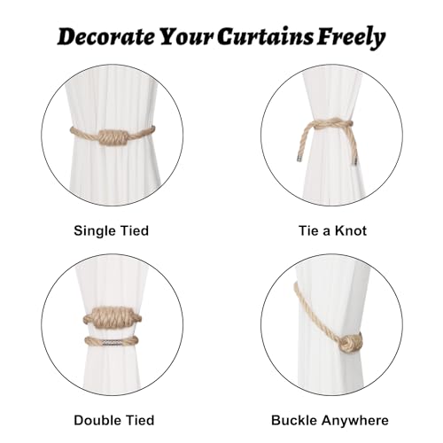 BEL AVENIR Magnetic Jute Curtain Tiebacks, Decorative Drapery Holdbacks Bohemian Style Woven Tie-Backs with Exquisite Knot (Jute, 2 Pack)
