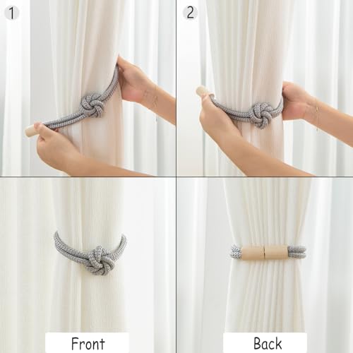 Magnetic Curtain Tiebacks Holdbacks - Wood Tie Backs Rope Holder with Floral Knot Design for No Drill Easy Install, Modern Boho Home Decor (2Pack, Beige)