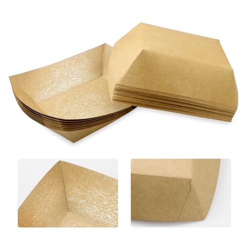 Oomcu 100 Pack 3 lb Heavy Duty Paper Food Trays - Disposable Kraft Brown Paper Boats for Party Snacks, Nachos, Hot Dogs, Tacos & BBQ