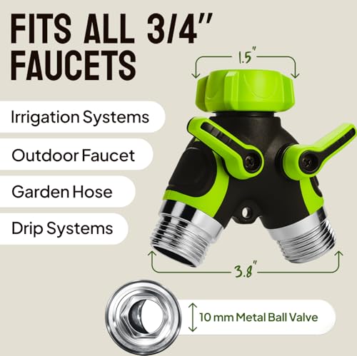 LIME 2 Way Hose Splitter Heavy Duty - Metal Y Garden Hose Splitter with Shutoff Valves, Brass Outdoor Faucet Adapter for Spigot, 3/4 Inch GHT Water Hose Connector