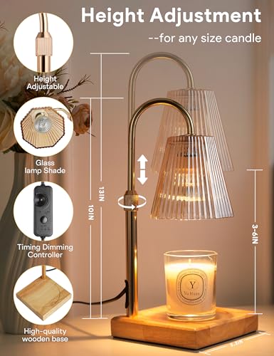 Candle Warmer Lamp with Timer, Dimmable Candle Warmer for Home Decor, Birthday Gifts for Women, Adjustable Height Wax Melt Warmer with 2 Bulbs