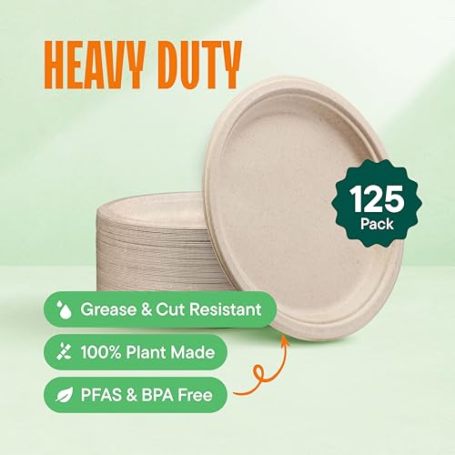 Paper Plates, 100% Compostable Heavy Duty Disposable 10 Inch Plate - [125-Pack] Eco-Friendly, Biodegradable Bagasse - (PFAS-Free) - (BPI Certified)