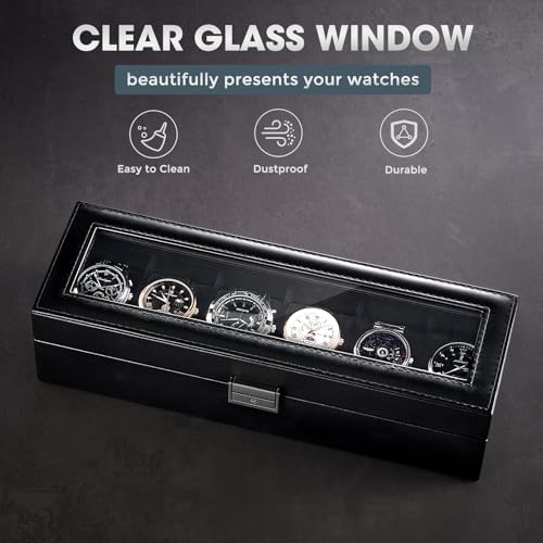 ProCase 6 Slot Watch Case Box for Men, PU leather Man Watch Organizer with Soft Pillow, Lockable Watch Collection Storage Holder with Glass Display Lid, Fathers Day Gift for Dad -AllBlack
