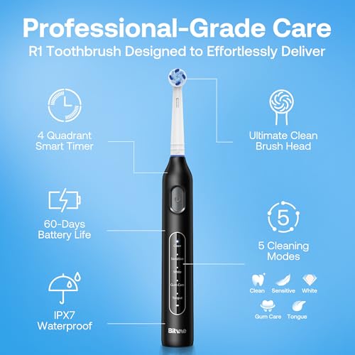 Bitvae R1 Rotating Electric Toothbrush with 8 Brush Heads for Adults and Kids, 60-Day Battery Life, 5 Modes Rechargeable Power Toothbrush with 2-Minute Smart Timer, Black
