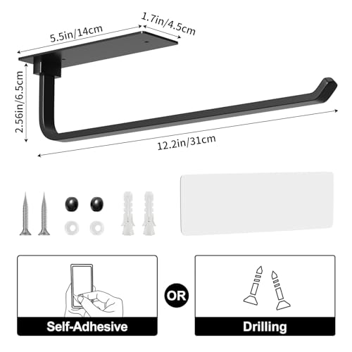 Paper Towel Holder - Self-Adhesive or Drilling, Matte Black, Upgraded Aluminum Kitchen Roll Dispenser Under Cabinet, Lighter but Stronger Than Stainless Steel!