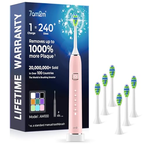 7AM2M Sonic Electric Toothbrush with 6 Brush Heads for Adults&Kids, One Charge for 120 Days, Wireless Fast Charge, 5 Modes, 40000VPM Powered Toothbrush, 2 Minutes Built in Smart Timer-Pink