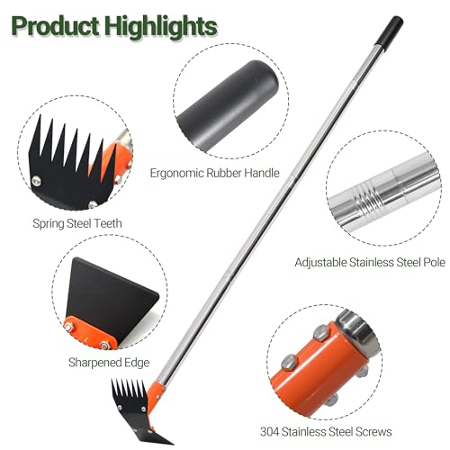 2-in-1 Garden Hoe and Weed Puller Rake, 60 Inch Adjustable Long Handle Weeding Tool Heavy Duty Spring Steel Head with Sand Texture Finish, Weed Remover for Garden, Yard, Lawn, Driveway