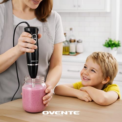 OVENTE Immersion Hand Blender, 300W Corded Electric Handheld Stick Mixer with 2 Mixing Speeds and Stainless Steel Blades for Smoothies, Purees & Baby Food, Black HS560B