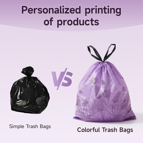 Lavender Scented Small Garbage Bags,Trash Bags 4 gallon Drawstring For Bathroom,Office,Bedroom,Car,Suitable for 2-4 gallon trash can,colorful Print,purple,50 Counts